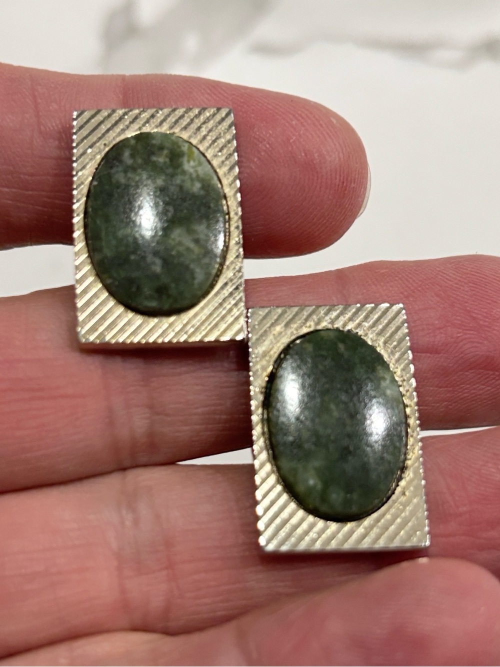 Rectangular Gold-Tone Cuff Links with Green Oval Stone Men’s Cufflinks